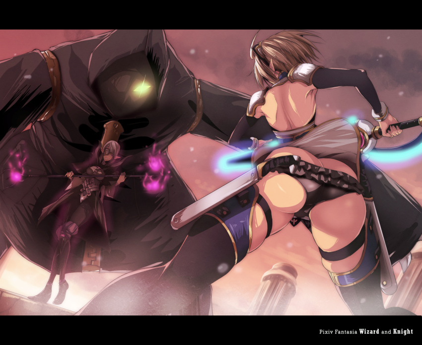 bare_back fukai_ryousuke monster pixiv_fantasia pixiv_fantasia_wizard_and_knight pointy_ears shoulder_pads staff sword weapon
