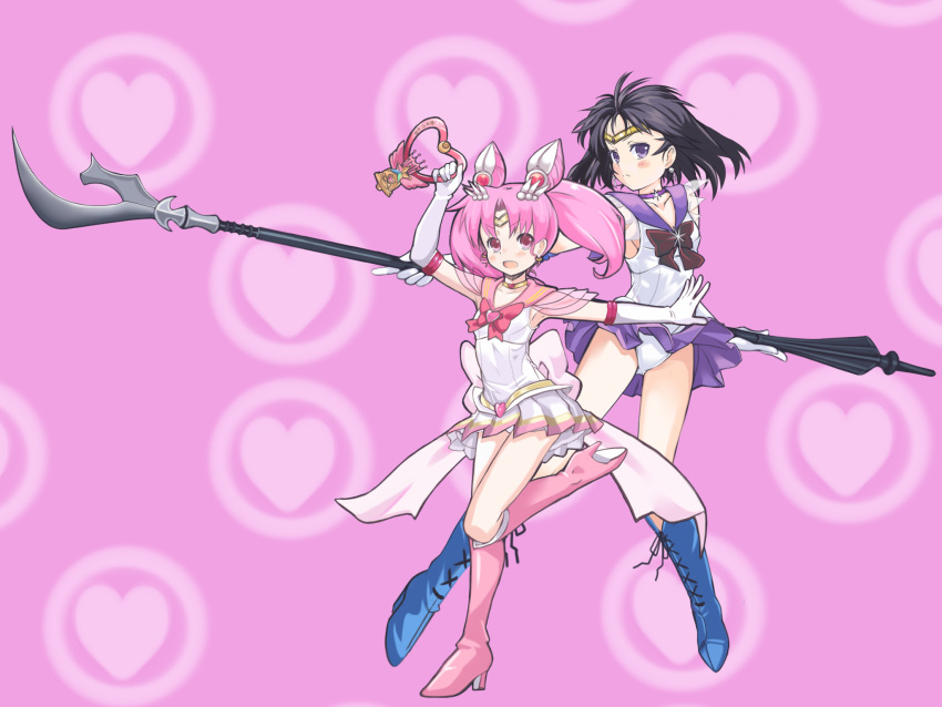 bishoujo_senshi_sailor_moon black_hair boots chibi_usa child choker crystal_carillon elbow_gloves glaive gloves highres k@non knee_boots long_hair magical_girl pink_background pink_boots pink_hair polearm purple_eyes red_eyes sailor_chibi_moon sailor_saturn sailor_senshi short_hair silence_glaive super_sailor_chibi_moon tiara tomoe_hotaru twintails upskirt violet_eyes weapon