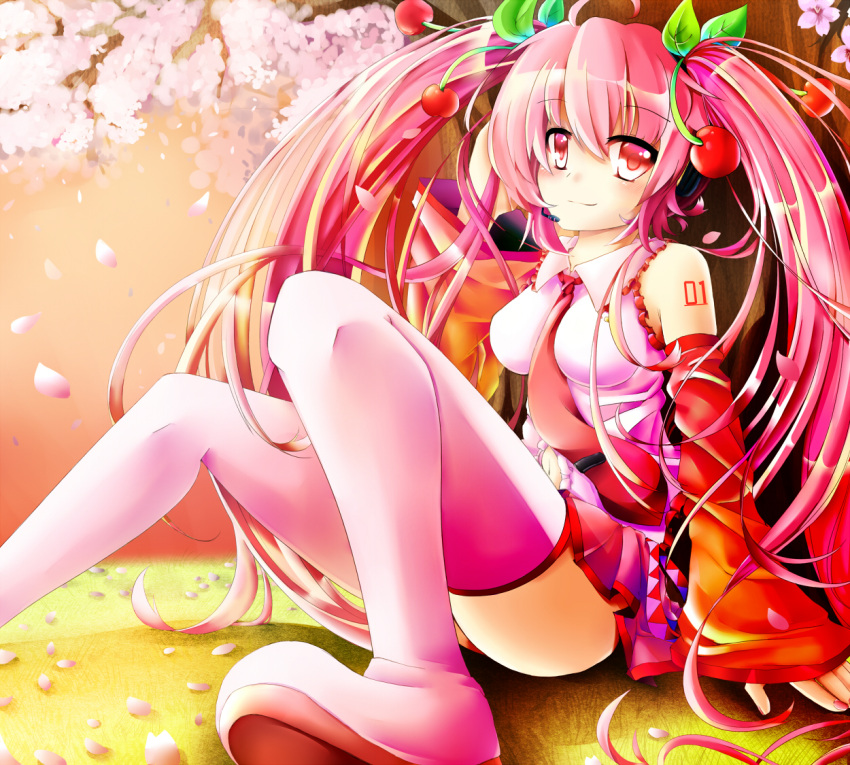 1girl boots cherry cherry_blossoms detached_sleeves food fruit hatsune_miku headset long_hair necktie object_namesake pink_eyes pink_hair ray83222 sakura_miku sitting skirt solo thigh_boots thighhighs twintails very_long_hair vocaloid