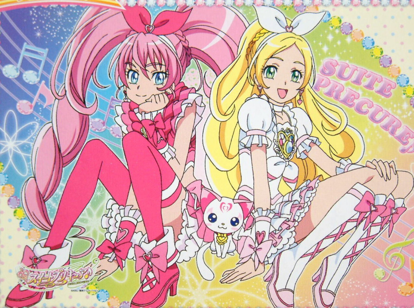 :3 :d blonde_hair blue_eyes cat cure_melody cure_rhythm green_eyes hair_ribbon hibiki houjou houjou_hibiki hummy_(suite_precure) logo long_hair magical_girl minamino_kanade multiple_girls musical_note official_art open_mouth pink_hair pink_legwear precure rainbow_background ribbon sitting smile staff_(music) suite_precure thighhighs title_drop treble_clef twintails very_long_hair