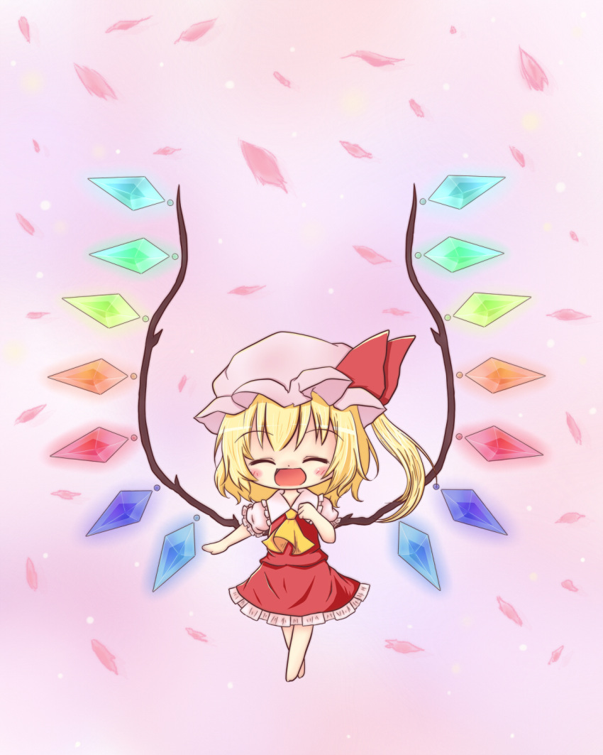ascot blonde_hair blush chibi closed_eyes eyes_closed flandre_scarlet hand_on_own_chest hand_to_chest hat highres open_mouth pink_background seki514 short_hair side_ponytail skirt skirt_set solo the_embodiment_of_scarlet_devil touhou wings
