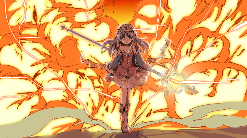 atelier_(series) atelier_totori bad_id bare_shoulders explosion grey_hair hat long_hair magic orange_background see-through solo staff standing strap_slip totooria_helmold yasunao