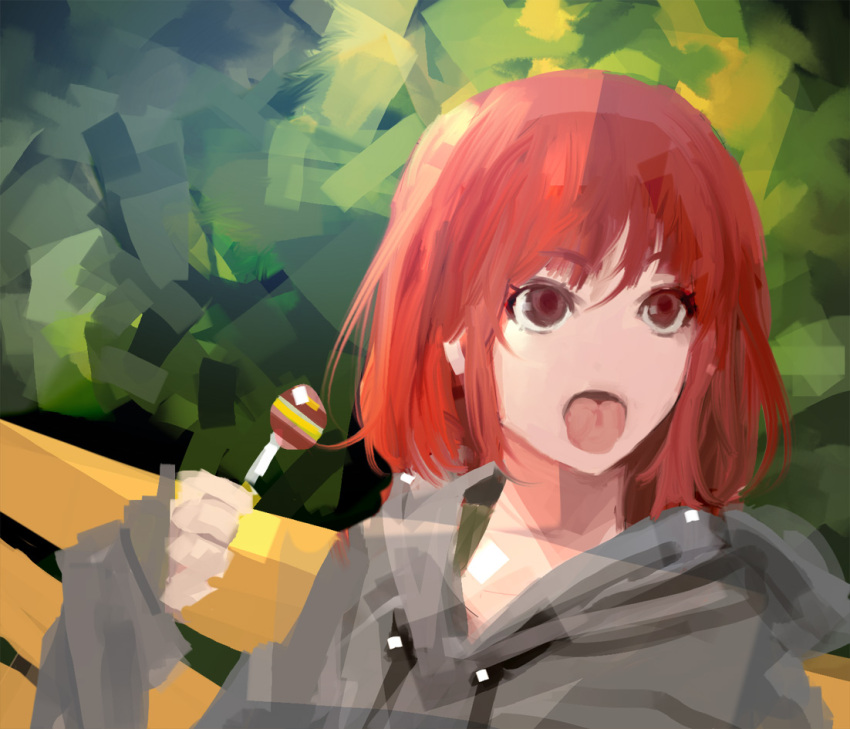 bench candy hoodie kushieda_minori lollipop mujiha_(mlog) no_nose open_mouth redhead short_hair sleeves_past_wrists solo tongue tongue_out toradora!