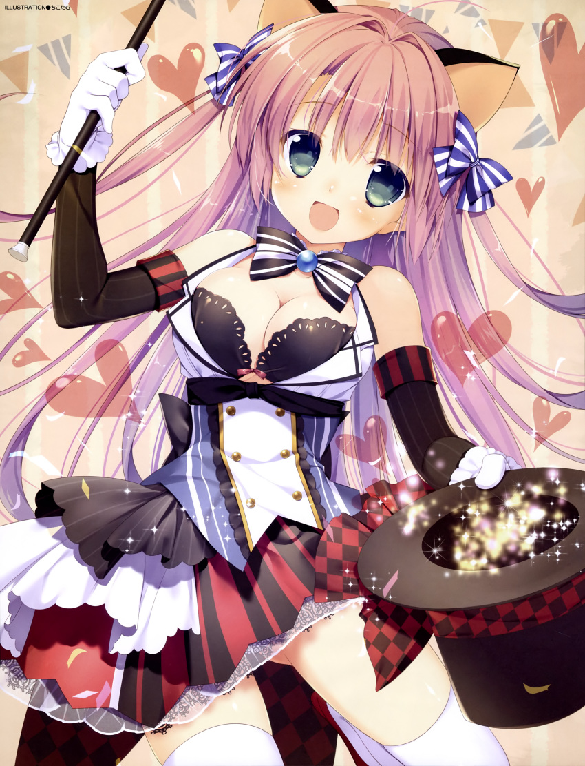 1girl :d absurdres animal_ears bow breasts cat_ears chikotam cleavage detached_sleeves dress gloves green_eyes hair_bow hat heart highres open_mouth pink_hair sleeveless sleeveless_dress smile thigh-highs top_hat wand white_gloves white_legwear