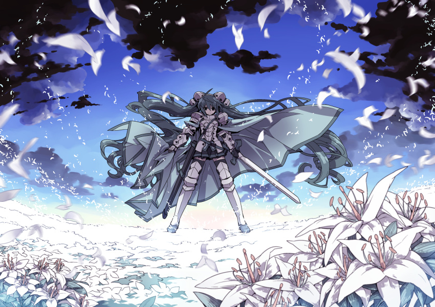 armor cape cloud fantasy flower greaves green_hair hatsune_miku highres long_hair petals sky solo sword thigh-highs thighhighs toda_youkon twintails very_long_hair vocaloid weapon zettai_ryouiki