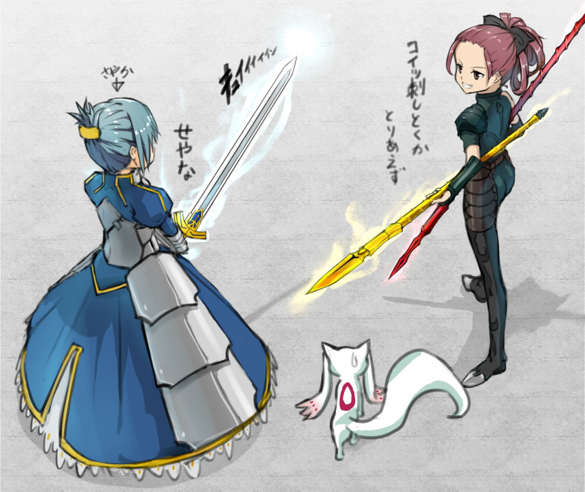 alternate_hairstyle armor armored_dress blue_eyes blue_hair bow cosplay creator_connection crossover dress dual_wielding excalibur fate/stay_night fate/zero fate_(series) gae_buidhe gae_dearg gauntlets hair_bow hair_up highres kyubey lance lancer_(fate/zero) lancer_(fate/zero)_(cosplay) long_hair magical_girl mahou_shoujo_madoka_magica miki_sayaka multiple_girls parody polearm ponytail red_eyes red_hair redhead saber saber_(cosplay) sakura_kyouko spear spears sword teralimit translation_request urobuchi_gen weapon weapon_connection