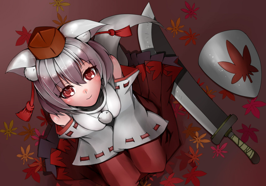 animal_ears detached_sleeves ginko_(nico) hat inubashiri_momiji leaf maple_leaf red_eyes shield solo sword tokin_hat touhou weapon white_hair wolf_ears