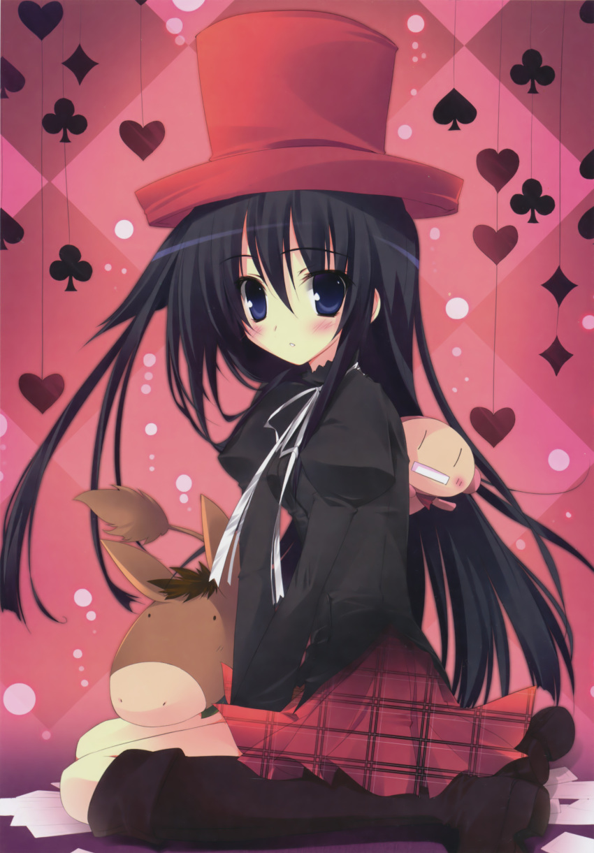 absurdres black_hair blue_eyes blush boots card copyright_request hat heart highres karory long_hair looking_at_viewer lying_card playing_card_theme sitting skirt solo stuffed_animal stuffed_toy wariza