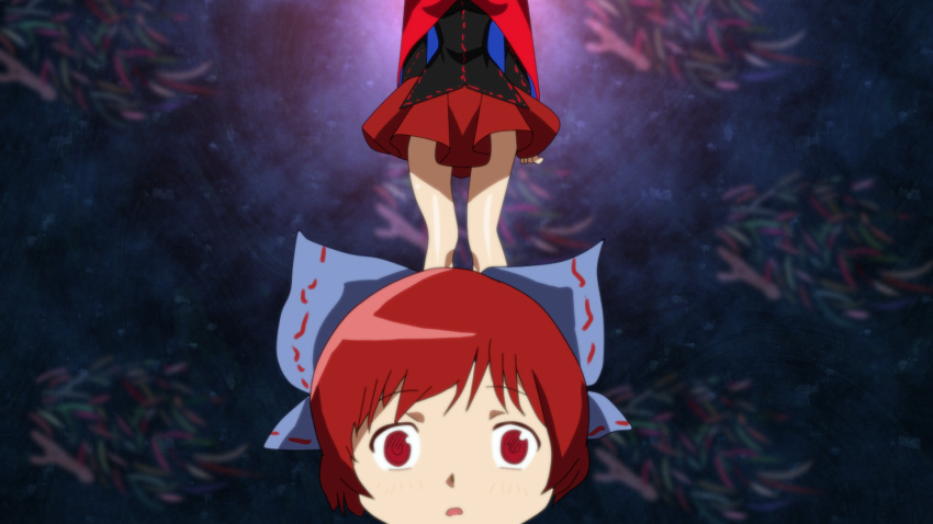 1girl bondance012 bow cape dark_background dress hair_bow hair_ornament headless highres long_sleeves mahou_shoujo_madoka_magica mami_mogu_mogu nukekubi open_mouth parody red_eyes redhead sekibanki short_hair skirt solo tomoe_mami