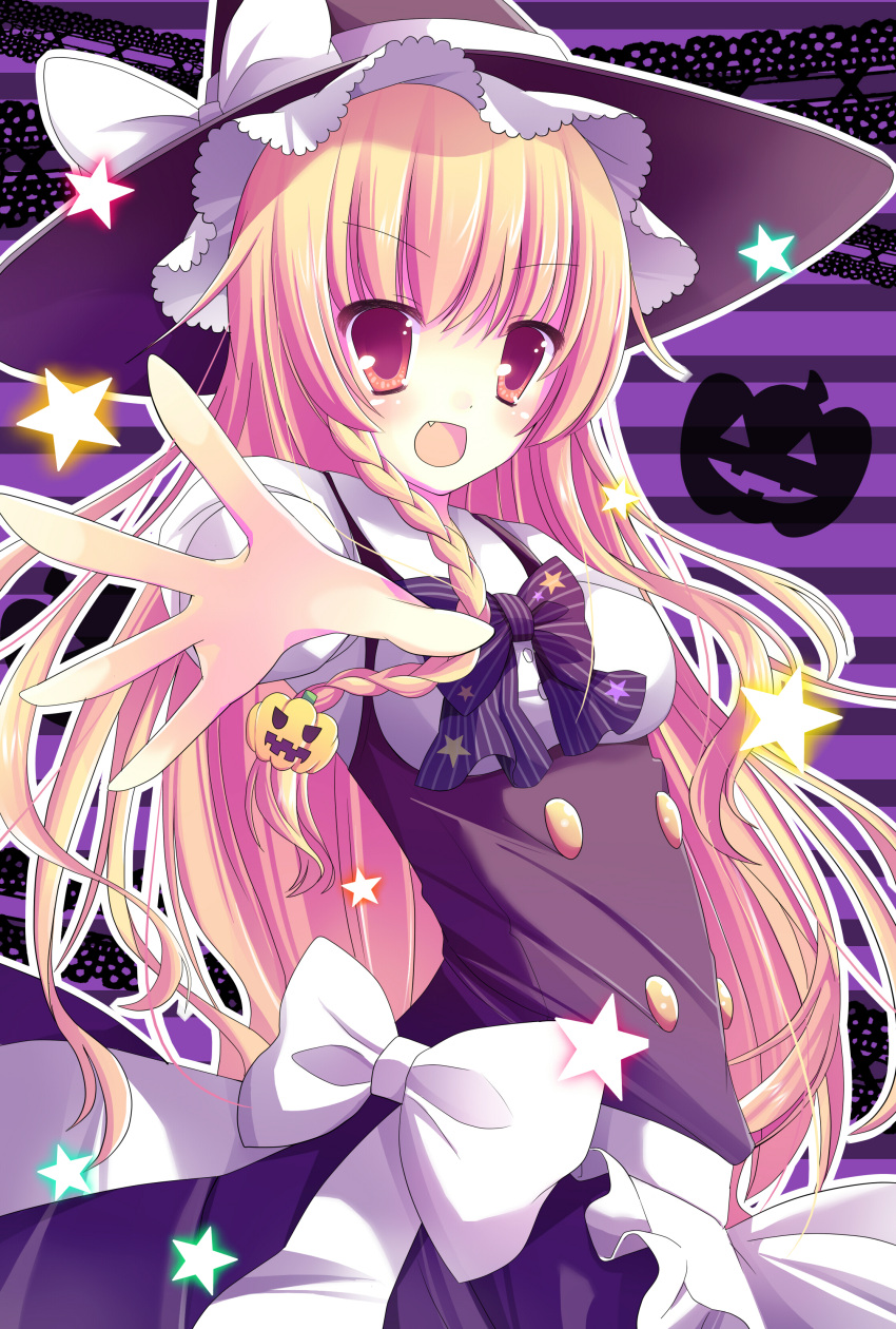 absurdres apron bad_id black_dress blonde_hair braid dress fang hair_ornament halloween hat highres kirisame_marisa long_hair open_mouth outstretched_hand pumpkin ringonotane shirt solo star touhou white_shirt witch witch_hat yellow_eyes