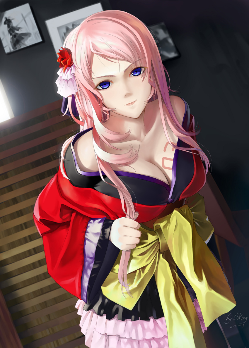 absurdres blue_eyes breasts cleavage flower hair_flower hair_ornament highres japanese_clothes kimono large_breasts long_hair megurine_luka okingjo pink_hair pleated_skirt project_diva project_diva_2nd skirt solo vocaloid