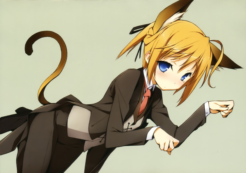 1girl absurdres androgynous animal_ears blonde_hair blue_eyes cat_ears dutch_angle hair_ribbon highres kikuchi_seiji konoe_subaru long_hair mayo_chiki! paw_pose ponytail reverse_trap ribbon scan simple_background solo tail tears tomboy