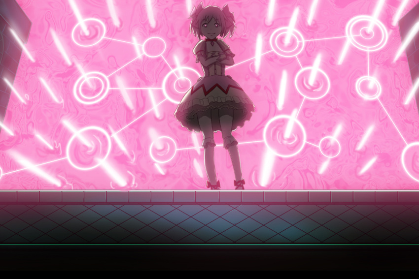 bobby_socks brooch choker creator_connection crossed_arms crossover def_(chronowarld) fate/stay_night fate_(series) footwear gate_of_babylon gloves grin jewelry kaname_madoka looking_at_viewer magical_girl mahou_shoujo_madoka_magica parody pink_eyes pink_hair short_hair short_twintails skirt smile socks solo standing twintails