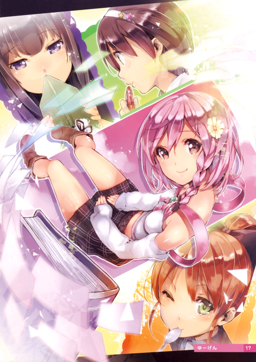 ;) absurdres ayase_sayuki bare_shoulders black_eyes black_hair book boots bow braid brown_hair detached_sleeves flower flying_paper foreshortening green_eyes hair_bow hair_flower hair_ornament hairband highres hirosaki_kanade long_hair looking_up midriff minagawa_yuuhi multiple_girls paper papers pen pink_eyes pink_hair plaid plaid_skirt pleated_skirt ponytail short_hair side_braid skirt sleeves_past_wrists smile sparkle spoon wink your_diary yua_(your_diary) yuugen