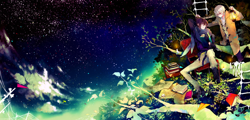 albino book boots brown_hair chair coat highres jacket male multiple_boys nezumi_(no.6) night night_sky no.6 red_eyes scarf shion_(no.6) short_hair short_ponytail sion_(no.6) sky smile star tree uzausa white_hair