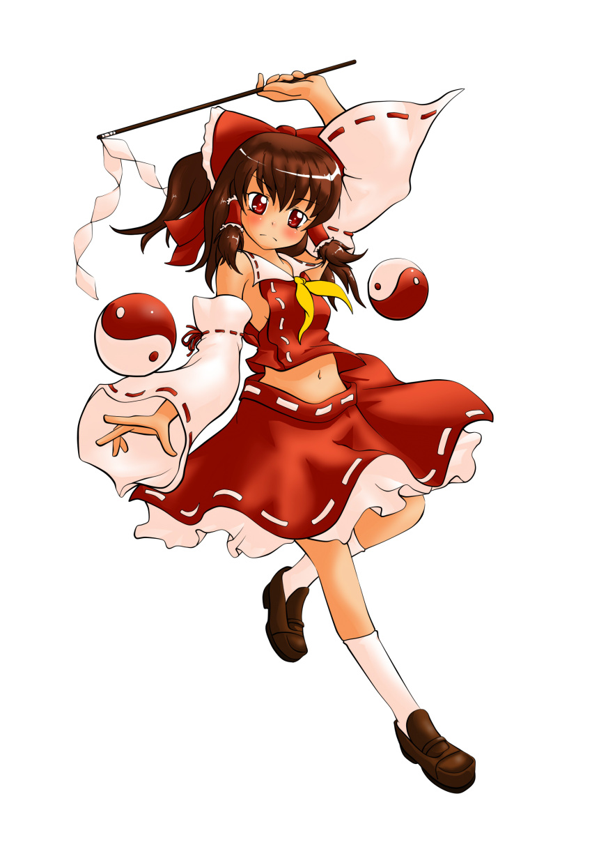 absurdres arm_up ascot bare_shoulders bow breasts brown_hair detached_sleeves gohei hair_bow hair_tubes hakurei_reimu highres japanese_clothes leg_up loafers midriff miko navel no_bra nsio red_eyes shoes sideboob simple_background skirt solo touhou white_background white_legwear yin_yang