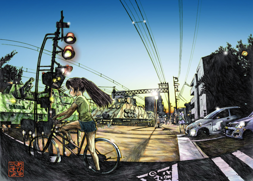 abyukyo bicycle car copyright_request fisheye highres military motor_vehicle power_lines railroad_crossing railroad_signal shorts signature train twintails vehicle