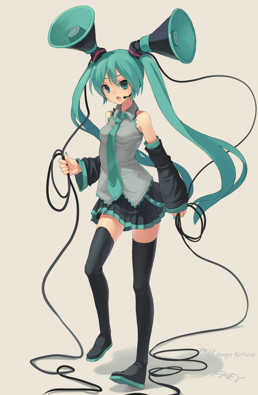 :o aqua_eyes aqua_hair black_legwear boots cable detached_sleeves fkey hatsune_miku headset highres long_hair looking_at_viewer nail_polish necktie pleated_skirt skirt solo speaker standing thigh-highs thigh_boots thighhighs twintails very_long_hair vocaloid wire