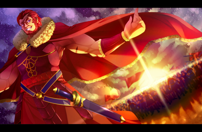 1boy epic fate/stay_night fate/zero fate_(series) highres ionioi_hetairoi letterboxed looking_at_viewer male possible_duplicate red_hair rider rider_(fate/zero) ryosios short_hair smile solo