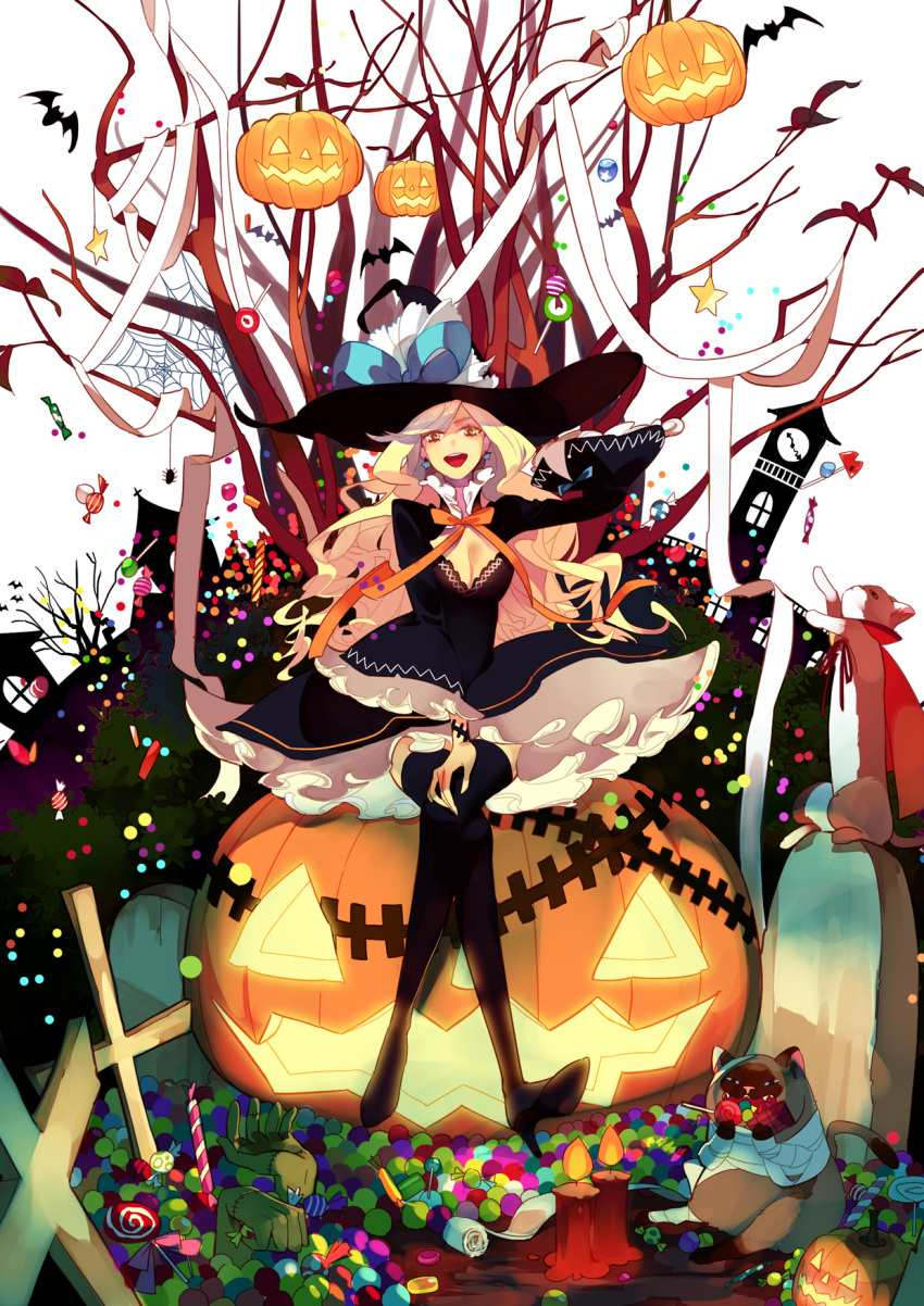 bandage bandages bat black_legwear blonde_hair candle candy cat clock clock_tower cross crossed_legs dress earrings halloween hands hat high_heels highres jack-o'-lantern jack-o'-lantern jewelry lollipop long_hair open_mouth original pumpkin ribbon rozer scar shoes sitting smile solo spider_web star stitches thighhighs tower tree witch_hat yellow_eyes
