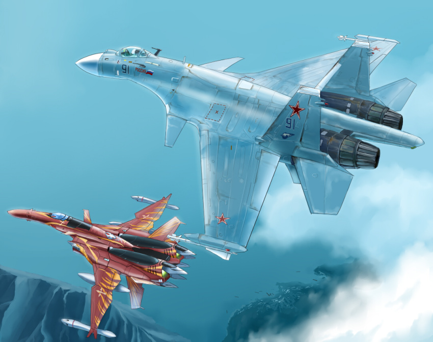 anti-u.n. canards cloud coast fighter_jet flying inui_(jt1116) inui_(pixiv) jet macross macross_zero mecha missile mountain nora_polyansky russian science_fiction su-37 sv-51