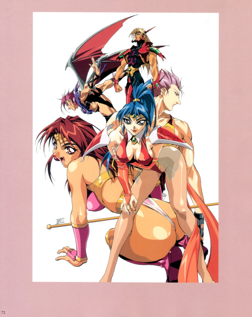 3boys 90s :d abs all_fours armor artbook ass back bare_shoulders bat_wings belt bent_over blue_eyes blue_hair boots border bow breast_hold breasts breasts_apart bridal_gauntlets brown_eyes brown_hair brown_legwear choker choujin_gakuen_gowcaizer circlet cleavage clenched_hand curvy earrings erect_nipples facial_mark fang fingerless_gloves fingernails frown gem gloves gowcaizer gowkaiser hair_ornament hand_on_thigh hellstinger high_ponytail highleg highleg_leotard highres hishizaki_shaia jewelry kaiza_isato kash_gyustan large_breasts legs leotard lips lipstick long_fingernails long_hair long_legs looking_at_viewer looking_away looking_back magical_girl makeup masami_obari miniskirt misty_shaia mound_of_venus multiple_boys multiple_girls muscle nail_polish no_bra official_art oobari_masami open_mouth outstretched_arms panties pantyhose pauldrons payot pink_hair pink_legwear polearm ponytail purple_hair red_hair ribs sash scan shaia_hishizaki shigure_kyosuke shigure_kyousuke short_hair sideboob signature simple_background skirt smile son_karin spiked_hair spread_arms tan tank_top tanned thigh_boots thighhighs thong tiara underwear voltage_fighter_gowcaizer weapon white_background wings