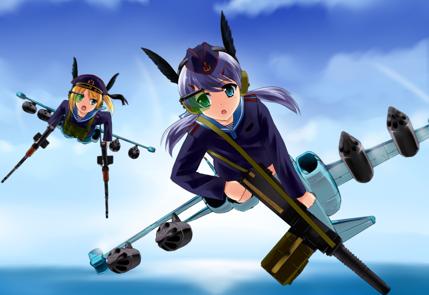 grenade_launcher gun hair_ornament hat head_mounted_display head_wings load_bearing_vest military military_uniform mizuki_ame ocean sky strike_witches strike_witches_1991 striker_unit twintails uniform weapon