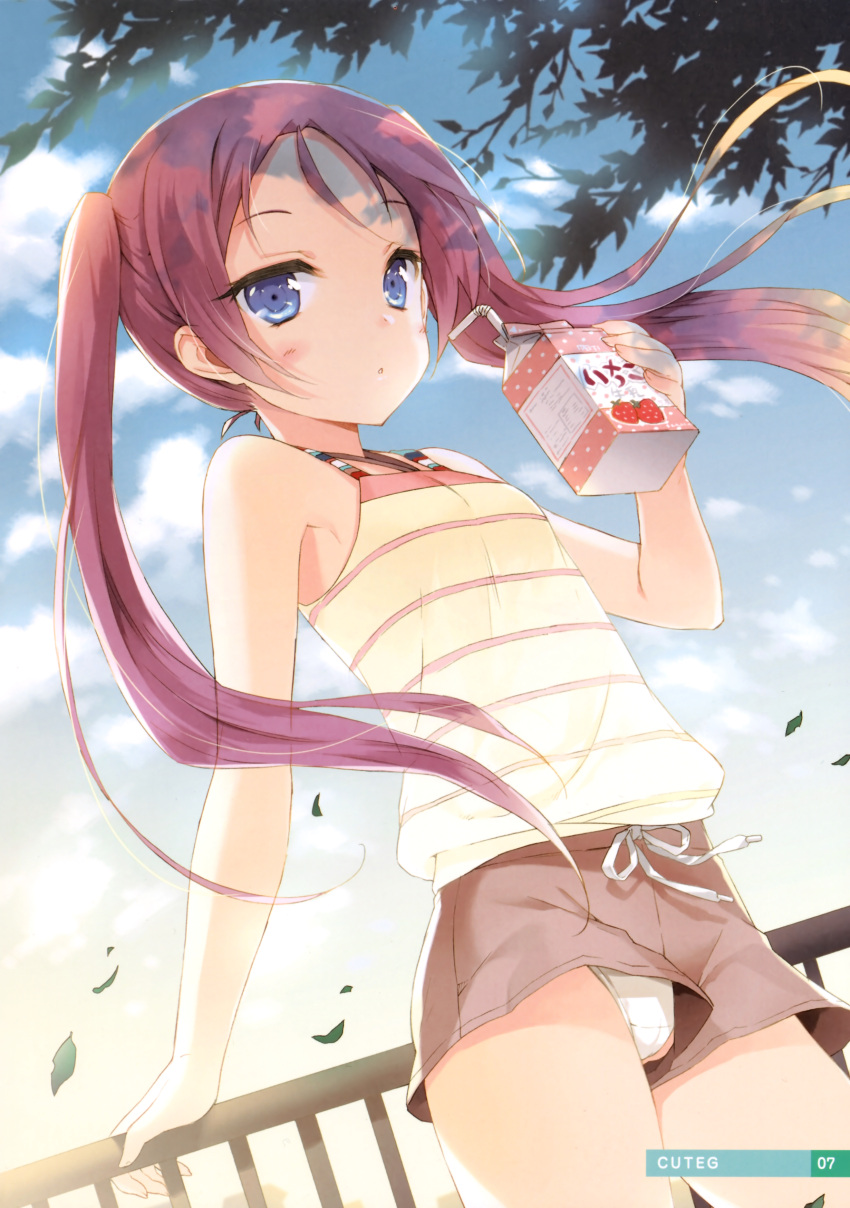 absurdres arm_support bare_shoulders blue_eyes blue_sky blush camisole cloud cuteg flat_chest from_below fujimura_natsuki highres leaf leaning long_hair milk panties pantyshot purple_hair railing shorts shorts_aside sky solo strawberry_milk twintails underwear white_panties wind your_diary