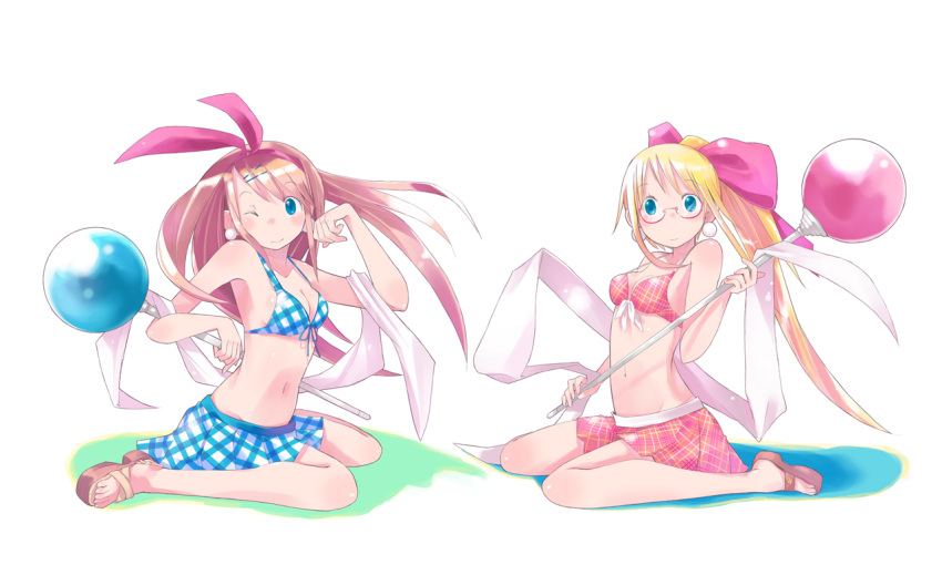 artist_request bikini bikini_skirt blonde_hair blue_eyes blush bow breasts brown_hair cleavage collage copyright_request earrings front-tie_top glasses hair_bow hair_ornament hair_ribbon hairclip jewelry kneeling light_smile long_hair miniskirt multiple_girls navel paw_pose plaid plaid_skirt pleated_skirt ponytail ribbon sandals shiba_yuusuke simple_background sitting skirt source_request staff strap_gap striped swimsuit tartan towel wand wariza wink