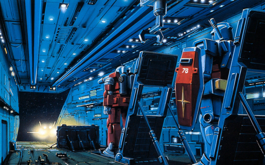 core_fighter earth_federation engineer guncannon gundam hangar highres launch launching mecha mobile_suit_gundam official_art oldschool ookawara_kunio production_art rx-78-2 science_fiction shield space space_craft white_base