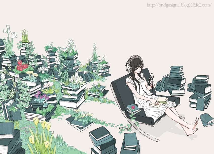 arakawa_(aintnoroom) barefoot black_hair book book_focus book_stack bookmark closed_eyes digital_media_player eyes_closed feet flower green headphones ipod listening listening_to_music nature original overgrown pale_color plant simple_background sitting skirt solo too_many_books tulip wallpaper watermark web_address white white_background
