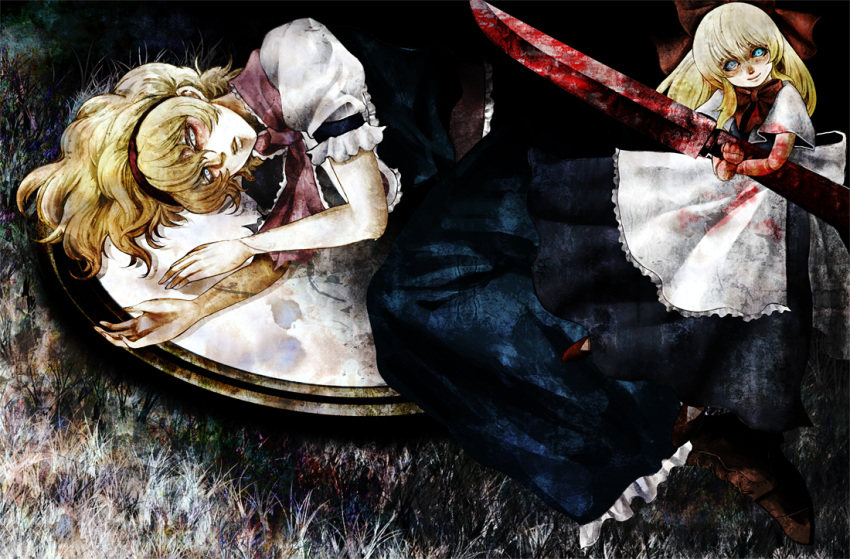 alice_margatroid apron blonde_hair blood bloody_clothes blue_dress blue_eyes blue_man bow doll_joints dress evil_smile hair_bow hairband knife on_side sash shanghai_doll short_hair smile solo touhou yandere
