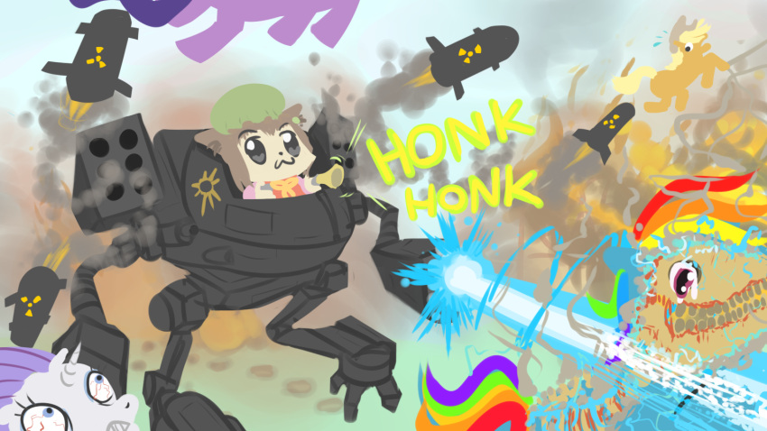 battletech bkub_chen chen comedy crossover death epic explosion explosions face_melting fire flying ghettoblasters hat highres honk_honk larity laser mad_cat mecha mechwarrior melting missile my_little_pony my_little_pony_friendship_is_magic nukes parody ponies rainbow_rash ribbon scared smoke style_parody sunny_apples_cowgirl timber_wolf touhou vaporization violence