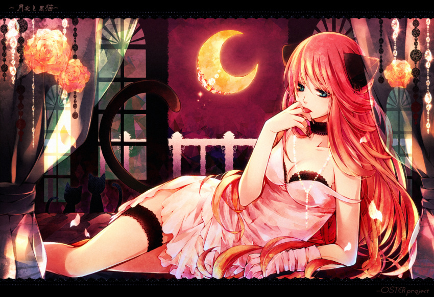 1girl alternate_costume animal_ears arm_support blue_eyes bra breasts cat_ears cat_tail choker cleavage curtains dress finger_licking fingernails flower flowers iriasu jewelry kemonomimi_mode large_breasts leg_band leg_garter licking lingerie long_fingernails long_hair lying megurine_luka moon nail_polish necklace negligee on_side pink_hair red_hair redhead rose side_slit sky solo stockings strap_slip tail tongue underwear vocaloid