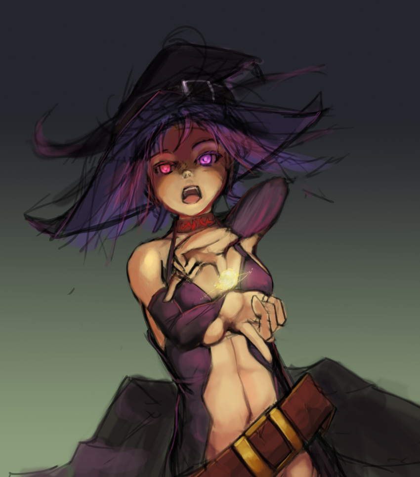 bare_shoulders belt choker copyright_request fireball hat highres navel purple_eyes purple_hair riftgarret solo violet_eyes witch witch_hat