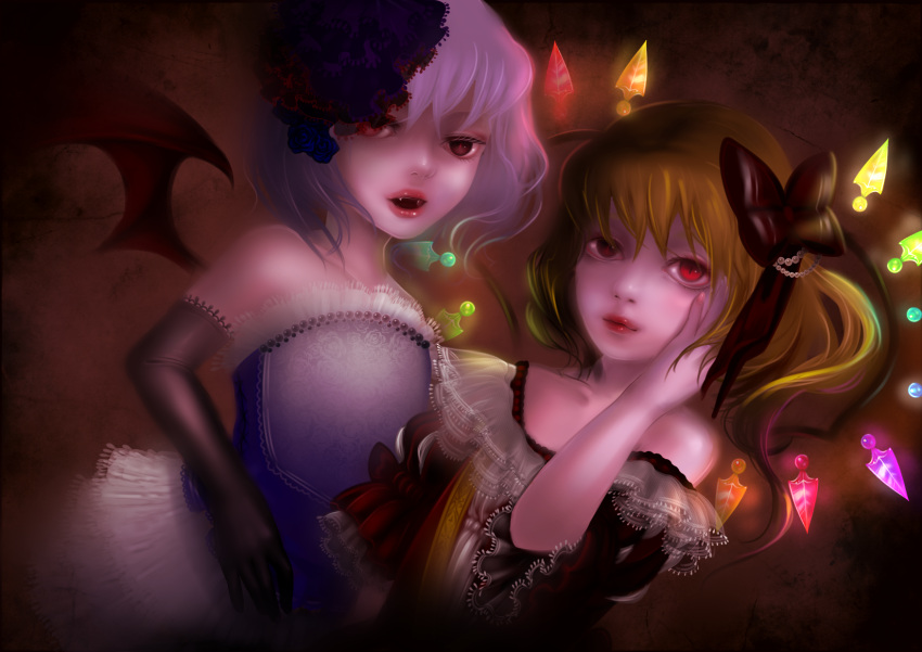 alternate_costume bare_shoulders bat_wings blonde_hair bow child dutch_angle elbow_gloves fangs flandre_scarlet formal frills gloves hair_bow hair_ornament hand_on_face hand_on_own_face highres lavender_hair lips mossan multiple_girls no_hat no_headwear open_mouth pearl red_eyes remilia_scarlet short_hair siblings sisters slit_pupils touhou wings
