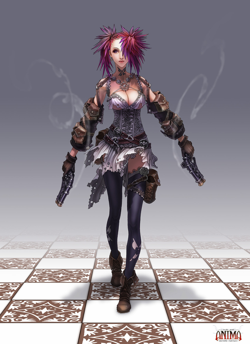 anima_beyond_fantasy belt black_legwear boots breasts cleavage corset detached_sleeves dual_wielding earrings gloves gradient_hair gun hair_over_one_eye highres holster jewelry kira_(anima) multicolored_hair pouch purple_eyes sexy skirt smoke solo spiked_hair tattoo thigh-highs thighhighs torn_clothes weapon wen-m
