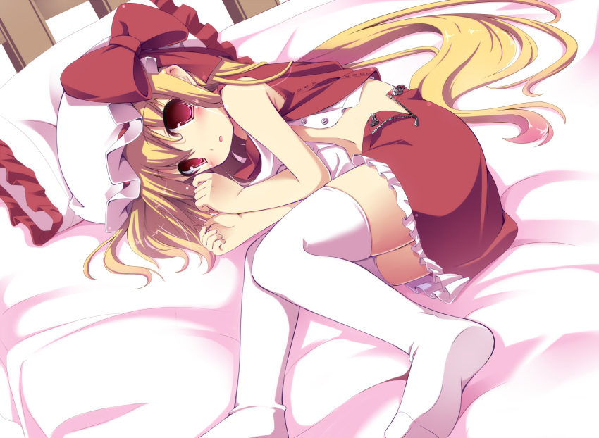 1girl bed bed_sheet blush child dress_shirt flandre_scarlet hat highres long_hair looking_at_viewer lying lying_on_side masaki_(machisora) midriff no_bra no_shoes on_side open_clothes open_skirt pillow ponytail ribbon shirt short_hair side_ponytail skirt skirt_set sleeveless solo the_embodiment_of_scarlet_devil thighhighs touhou unzipped vest white_legwear