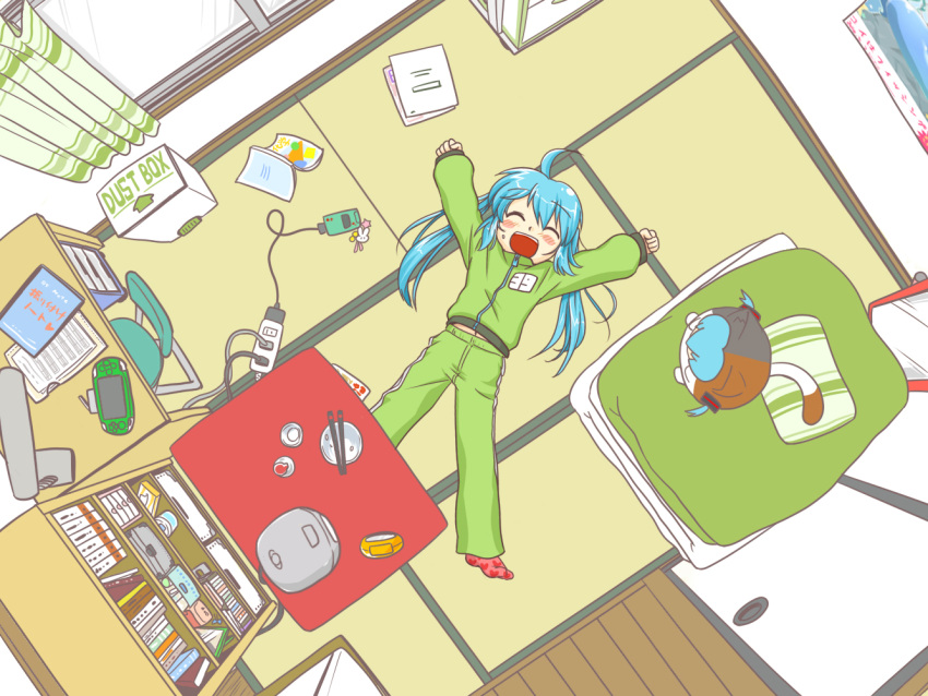 aqua_hair arms_up blush bookcase bookshelf bowl cat_costume cellphone chair chopsticks closed_eyes curtains desk eyes_closed food food_on_face futon happy hatsune_miku long_hair lying maruku_naru_(vocaloid) mirror nekomura_otako open_mouth phone playstation_portable poster poster_(object) power_strip psp rice_cooker rice_on_cheek rice_on_face room tatami track_suit trashcan twintails vocaloid window