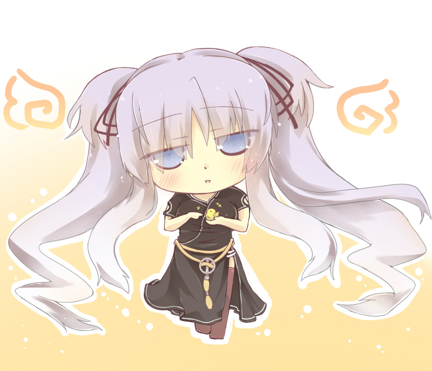 bird black_dress blue_eyes blush brown_legwear chibi dress hair_ribbon hazuki_ruu highres mabinogi nao open_mouth purple_hair ribbon side_slit smile solo thigh-highs thighhighs twintails