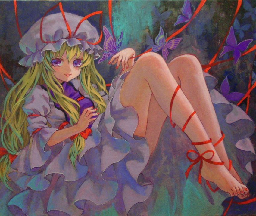 absurdres acrylic_paint_(medium) ama-tou bare_legs barefoot blonde_hair butterfly dress hair_ribbon hat hat_ribbon highres leg_ribbon nail_polish purple_dress purple_eyes ribbon smile solo toenail_polish touhou traditional_media violet_eyes yakumo_yukari