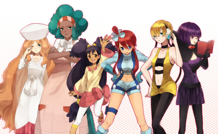 6girls aloe_(pokemon) black_legwear blonde_hair brown_hair cattleya_(pokemon) cross-ten dark-skinned_female dark_skin dark-skinned_female elite_four fuuro_(pokemon) gym_leader hat highres iris_(pokemon) kamitsure_(pokemon) kurosujuu multiple_girls pantyhose pokemon pokemon_(game) pokemon_black_and_white pokemon_bw purple_hair red_hair shikimi_(pokemon) simple_background two_side_up