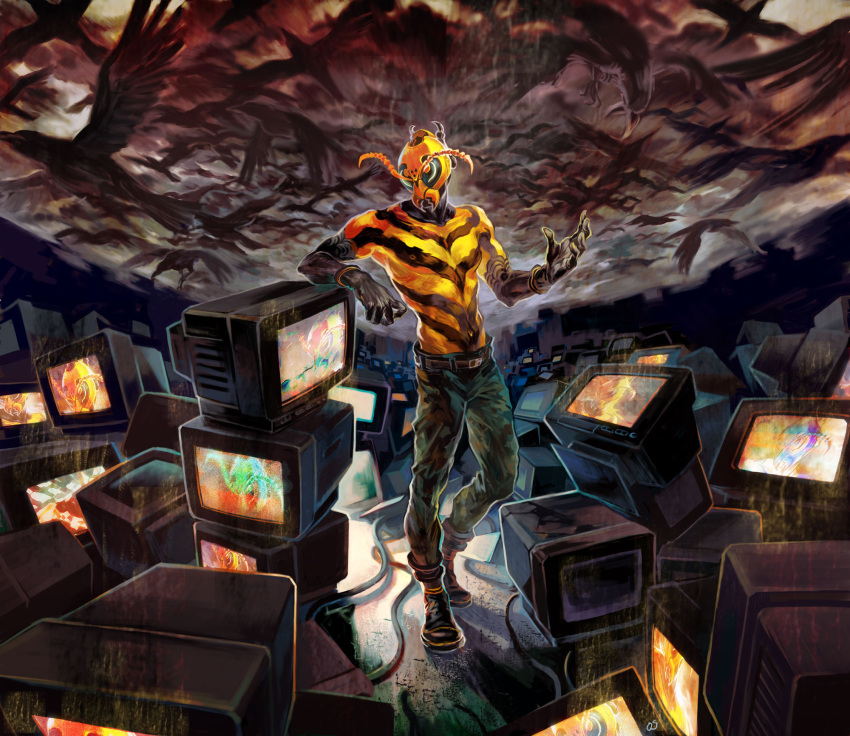 antennae bee belt bird boots cable crow gloves highres insect insect_boy iwamoto_james junk magami_series male original pants solo striped television topless wire