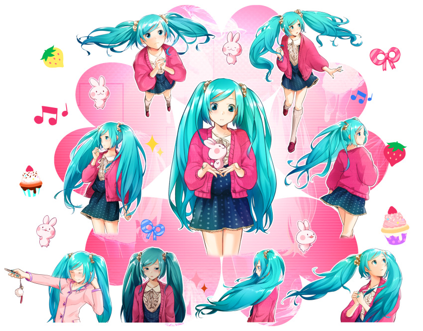 aqua_hair blush bunny cardigan cellphone downcast_eyes floating_hair from_above hands_together hatsune_miku highres kneehighs long_hair looking_up matsuda_suzuri perspective phone rabbit scrunchie skirt twintails various_positions vertical-striped_legwear vertical_stripes very_long_hair vocaloid