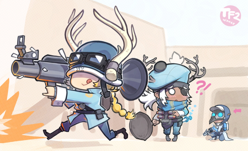 !? 1boy 2girls antlers antlers_(tf2) artist_name baseball_cap black_watch blonde_hair blue_eyes blush boots bow_(weapon) braid brotherhood_of_arms byte'd_beak copyright_name covered_eyes crossbow crusader's_crossbow dark_skin directional_arrow explosion explosive exquisite_rack eyepatch frying_pan genderswap gloves glowing glowing_eyes goggles_on_hat grenade hat helmet helmet_over_eyes hoodie long_hair mask merc's_muffler multiple_girls o_o one_knee pigeon-toed rocket_launcher running scarf syringe tam_o'shanter team_fortress_2 the_demoman the_medic the_soldier tongue tuxxy wahae war_pig weapon white_hair wrist_cuffs