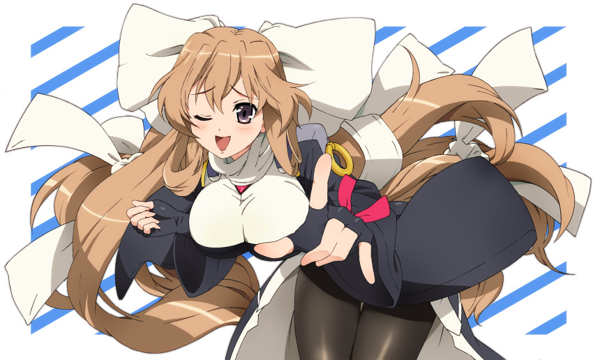 aoi_kimi bent_over blush bodysuit bow breasts brown_hair fingerless_gloves gloves hair_bow highres kaisen kyoukai_senjou_no_horizon large_breasts long_hair looking_at_viewer open_mouth pantyhose pointing purple_eyes smile solo very_long_hair violet_eyes wink
