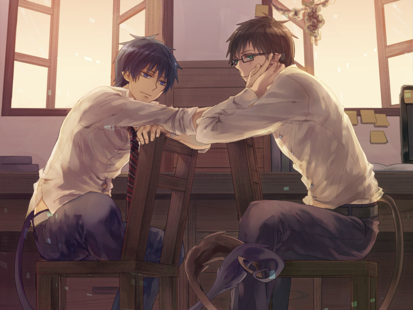 ao_no_exorcist black_hair blue_eyes brothers glasses green_eyes hand_on_another's_cheek hand_on_another's_face hand_on_cheek kome_kako multiple_boys okumura_rin okumura_yukio pointy_ears short_hair siblings sitting spoilers tail twins