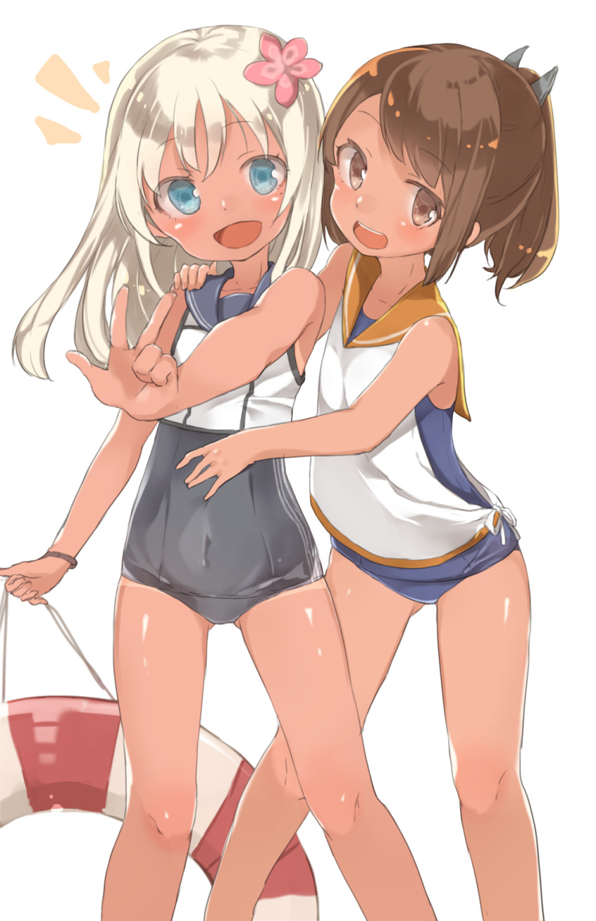 2girls bare_legs bare_shoulders blue_eyes bracelet brown_eyes brown_hair crop_top flower hair_flower hair_ornament high_ponytail highres hug i-401_(kantai_collection) jewelry kantai_collection lifebuoy long_hair looking_at_viewer multiple_girls ro-500_(kantai_collection) sailor_collar school_swimsuit school_uniform silver_hair simple_background swimsuit swimsuit_under_clothes tan tanline w white_background yakusou_(loiiiii)