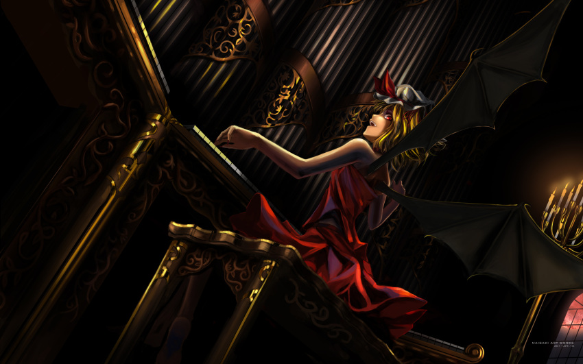 alternate_costume bare_shoulders barefoot bat_wings blonde_hair candelabra candle candlestick chandelier choker dress fang fangs flandre_scarlet from_behind hair_ribbon hat hat_ribbon highres instrument looking_back maisaki moon open_mouth organ pipe_organ red_eyes red_moon ribbon short_hair sitting skirt skirt_set solo stool the_embodiment_of_scarlet_devil touhou window wings