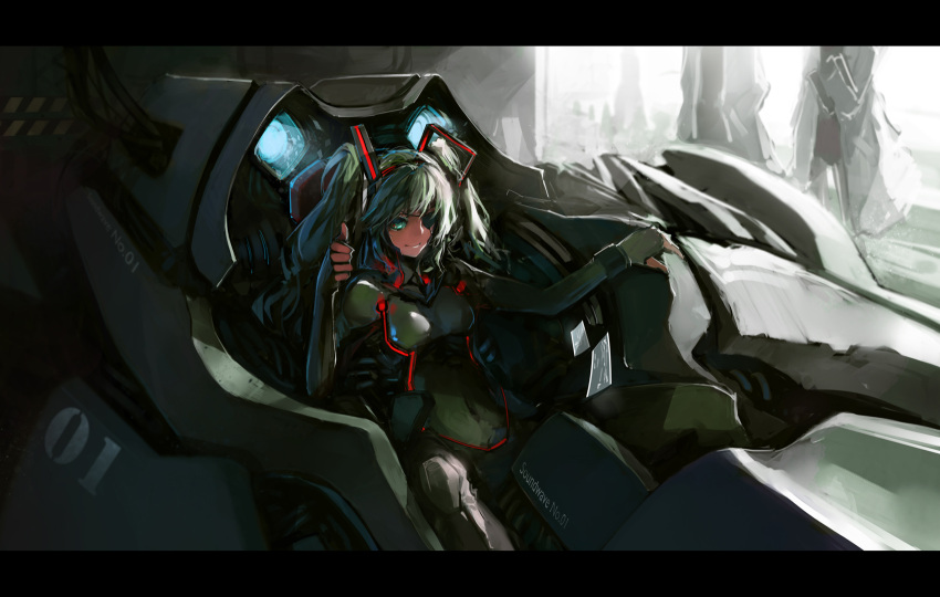 aqua_eyes aqua_hair blueman bodysuit cockpit eyepatch female fingerless_gloves green_eyes green_hair hatsune_miku highres letterboxed long_hair looking_at_viewer machine scifi sitting smile solo thumbs_up twintails vocaloid wallpaper